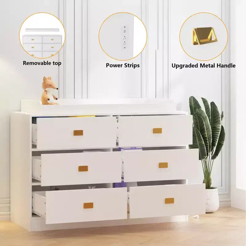 6-Drawer Changing Table Dresser,Baby Nursery Dresser & Diaper Changing Station Featuring Removable Top, Soft Pad, and MultiFunction Storage