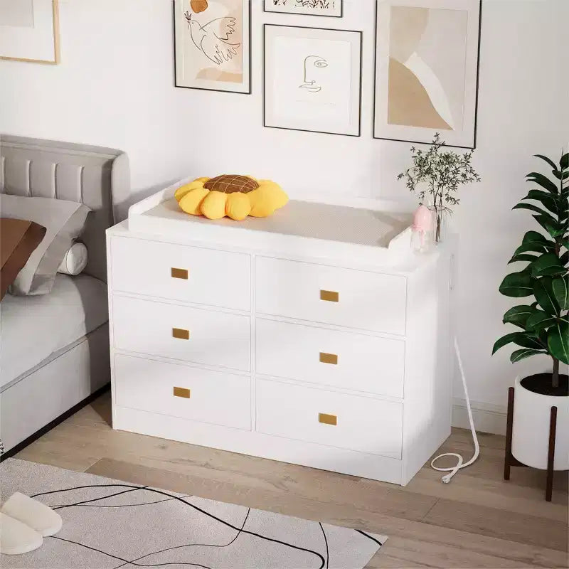6-Drawer Changing Table Dresser,Baby Nursery Dresser & Diaper Changing Station Featuring Removable Top, Soft Pad, and MultiFunction Storage