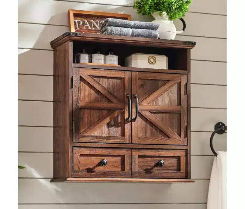 Farmhouse 24 Bathroom Wall Cabinet with Drawer, Double Barn Doors, Adjustable Shelf, White Medicine Cabinet Storage for Bathroom Kitchen Living Room