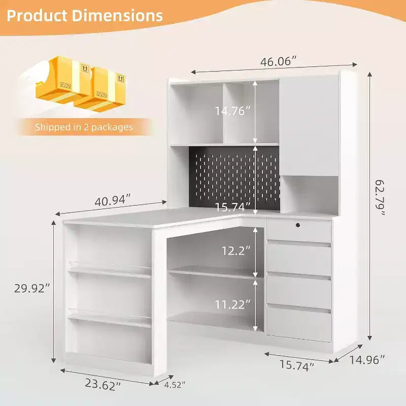 Left L-Shaped Wooden Desk with Charging Station, LED Lights, Drawers and Bookshelf, Modern Corner Computer Table for Home Office Gaming, White