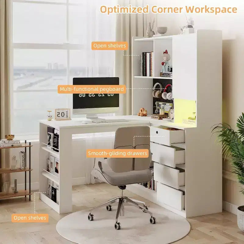 Left L-Shaped Wooden Desk with Charging Station, LED Lights, Drawers and Bookshelf, Modern Corner Computer Table for Home Office Gaming, White