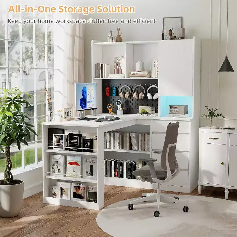 Left L-Shaped Wooden Desk with Charging Station, LED Lights, Drawers and Bookshelf, Modern Corner Computer Table for Home Office Gaming, White