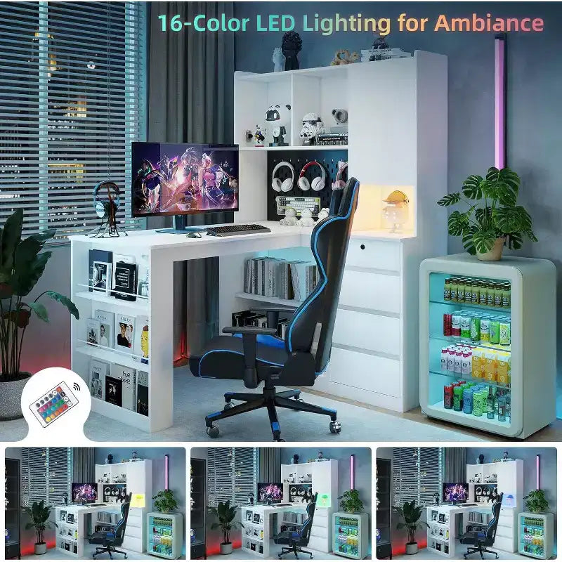 Left L-Shaped Wooden Desk with Charging Station, LED Lights, Drawers and Bookshelf, Modern Corner Computer Table for Home Office Gaming, White