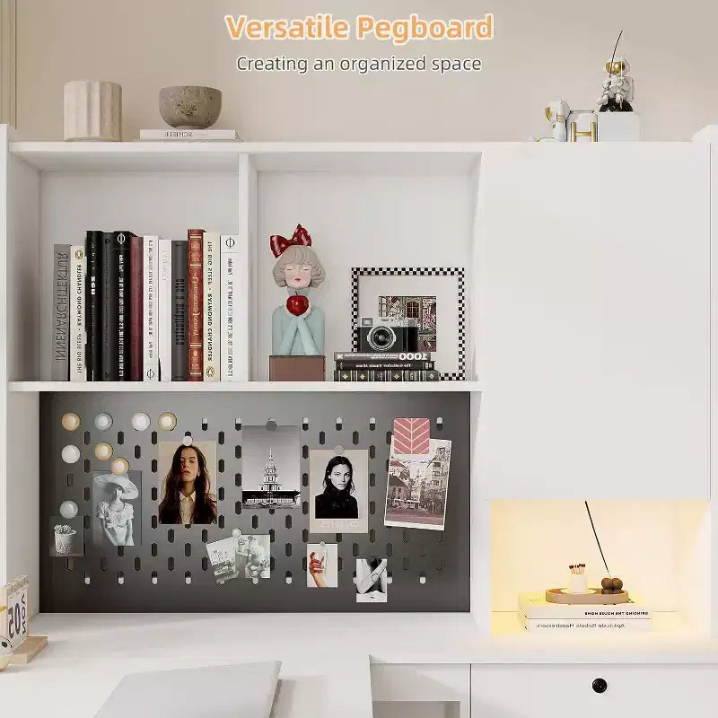 Left L-Shaped Wooden Desk with Charging Station, LED Lights, Drawers and Bookshelf, Modern Corner Computer Table for Home Office Gaming, White