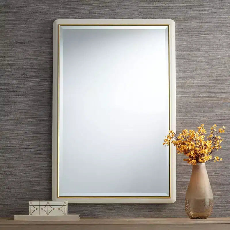 Rectangular Vanity Wall Mirror, Modern Beveled Glass Matte Beige Gold Frame 28 Wide for Bathroom Bedroom Home